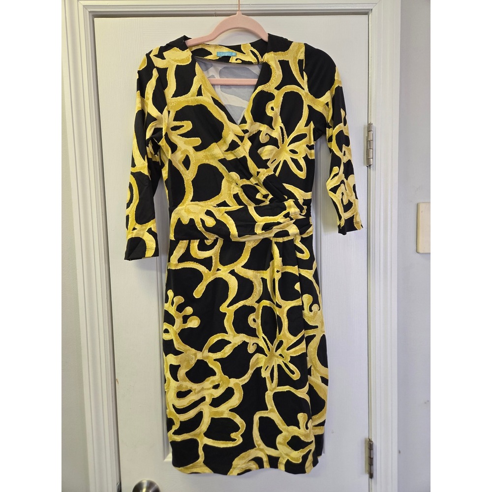 J McLaughlin Yellow Black Abstract Floral Faux Wrap Dress XS 3/4 Sleeve Sheath